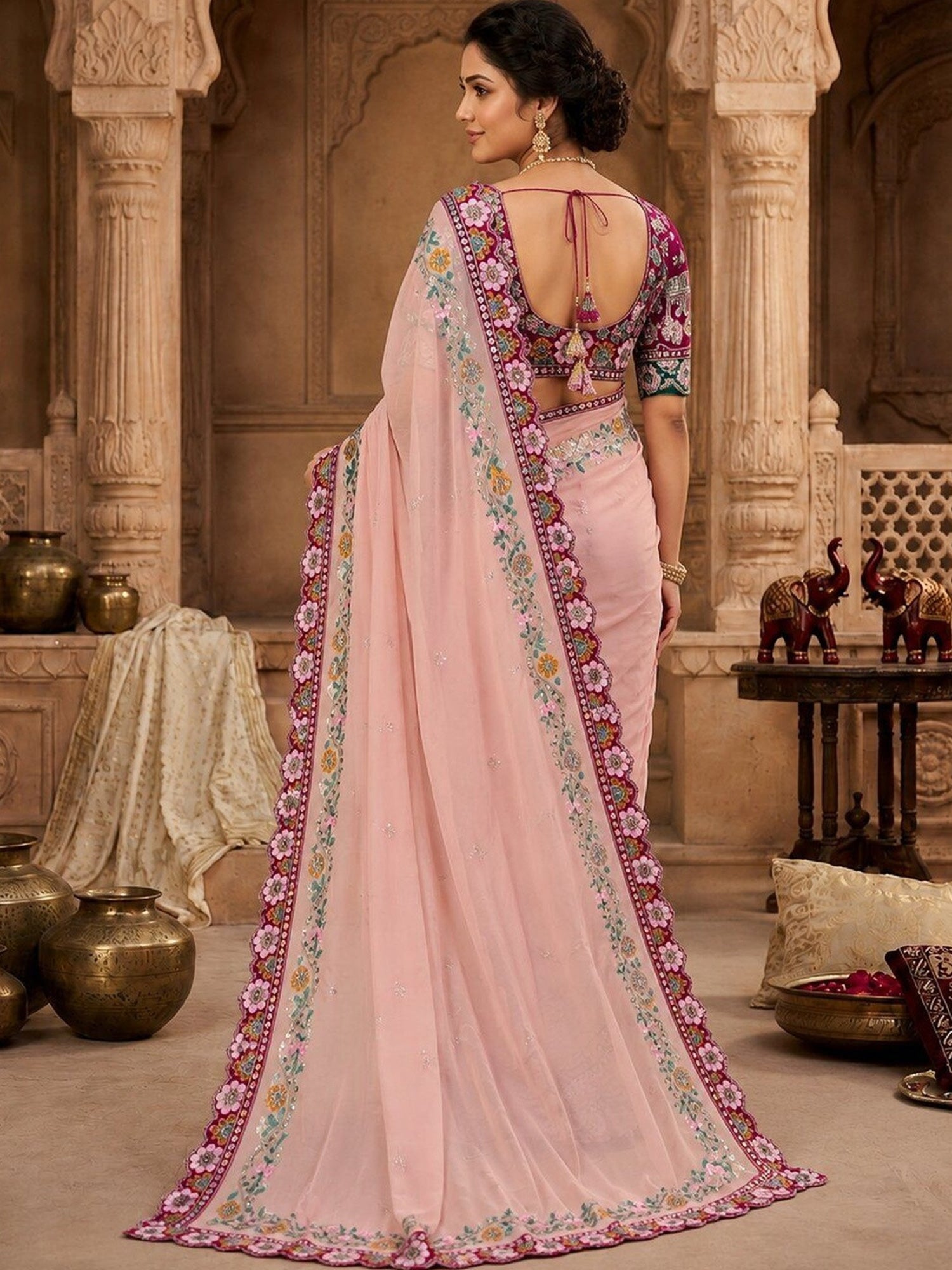 Pink Pure Georgette saree – detail view 1