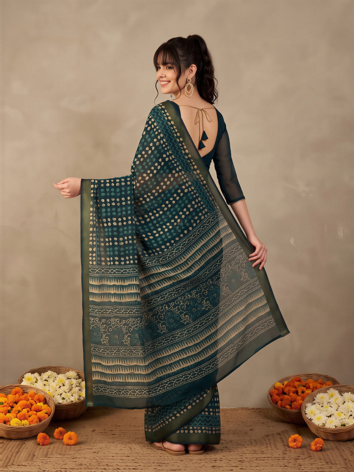 Teal Blue Cotton Linen saree – detail view 1