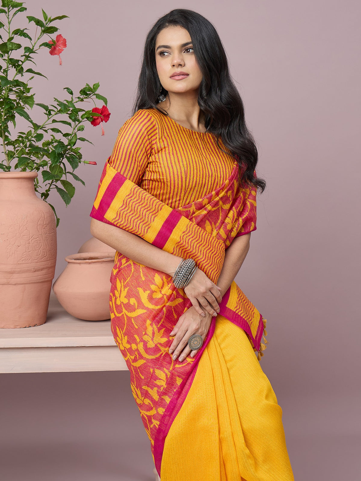 Mustard cotton slub saree view 5