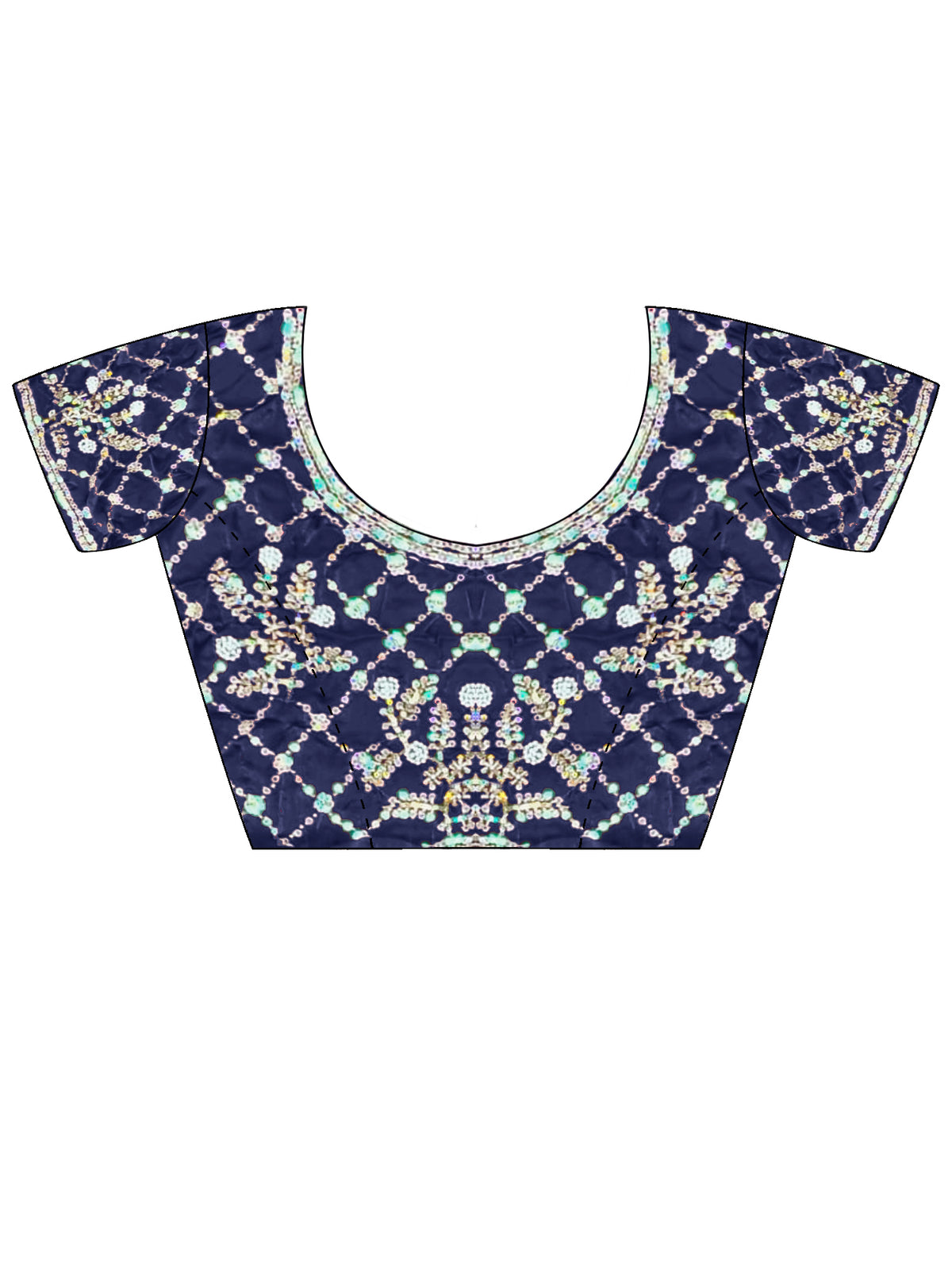 Unstitched navy blue satin blouse piece with embellished design