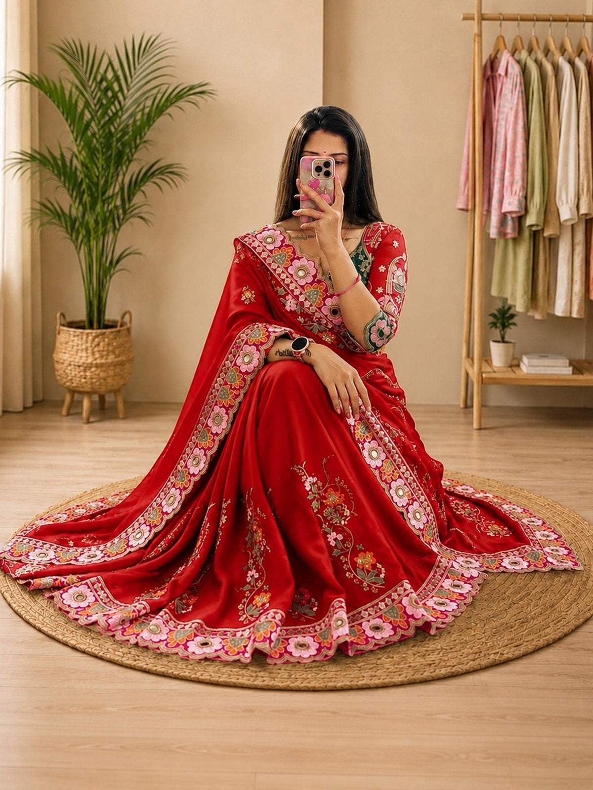 Red Pure Georgette saree – detail view 1