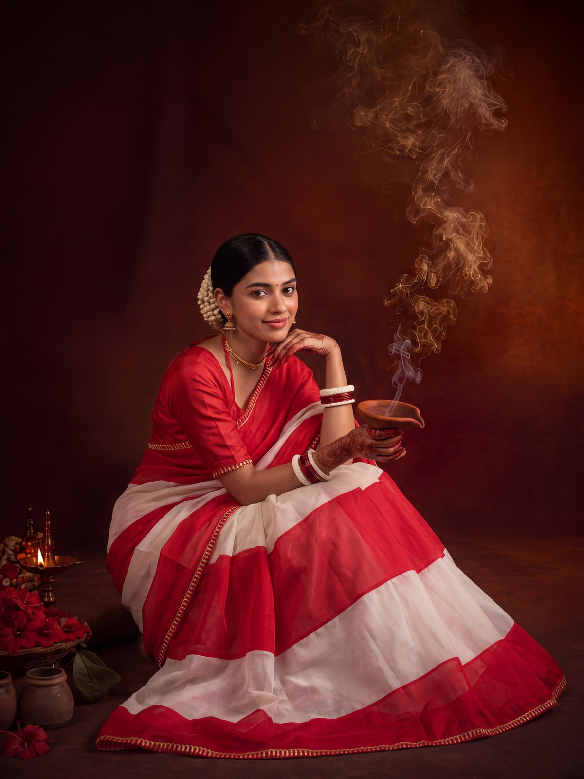 Red Chinnon saree – detail view 2
