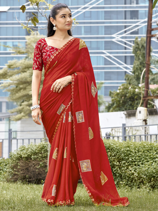 Red foil chiffon saree with red blouse piece