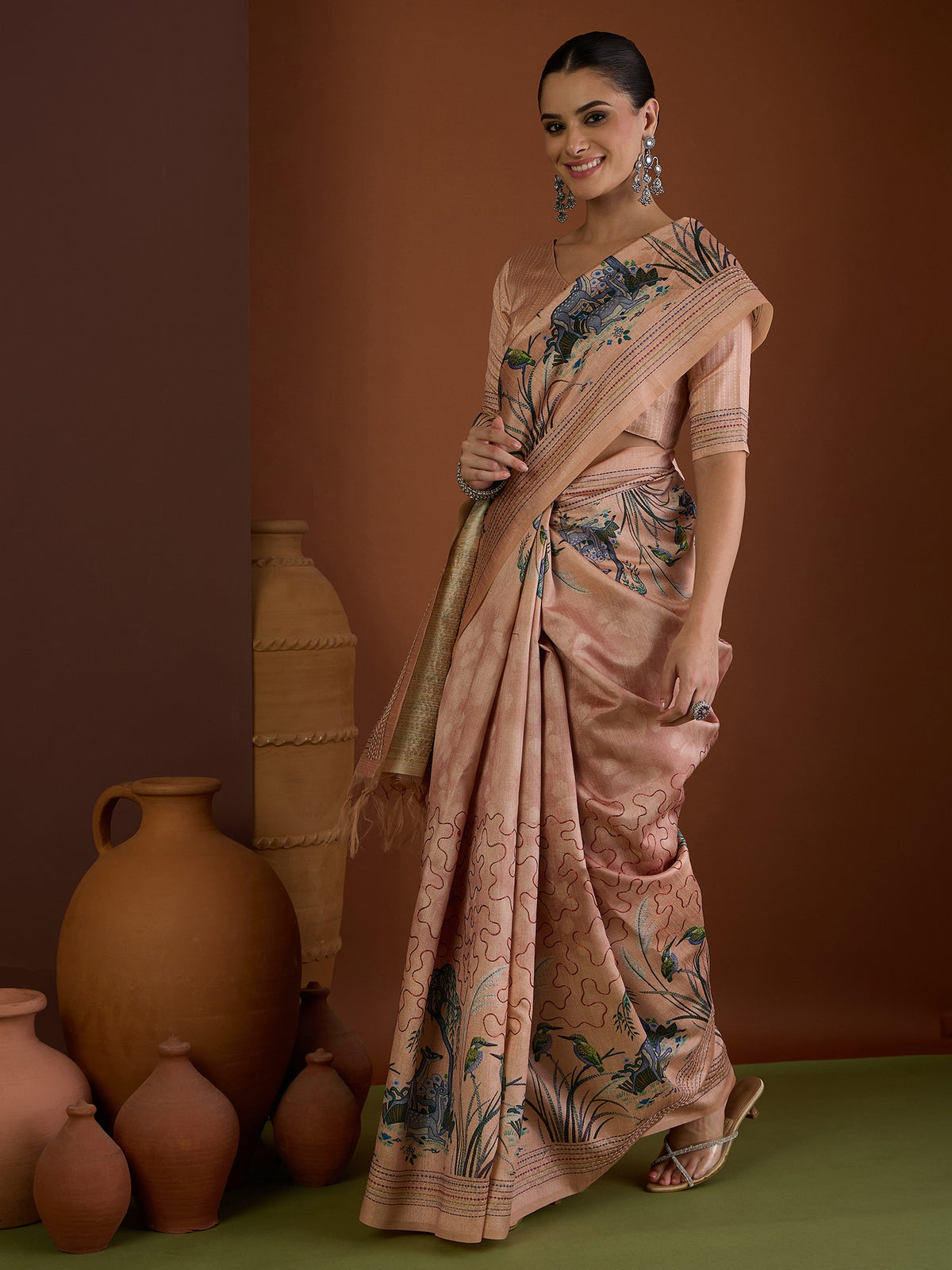 Peach art silk saree view 4