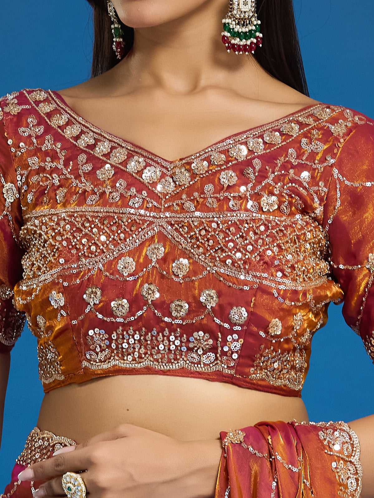 Orange Satin saree – detail view 6