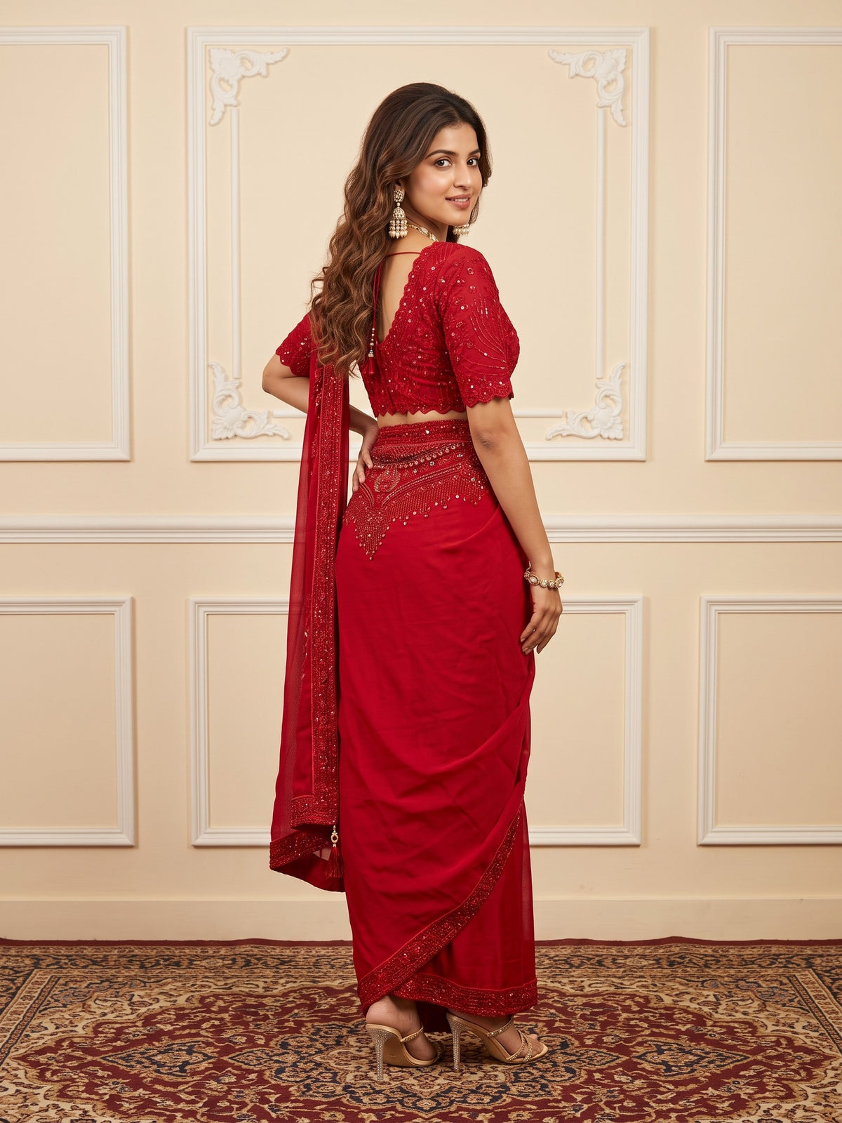 Red Satin saree – detail view 1