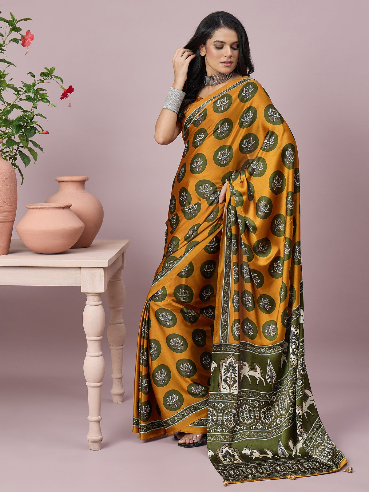 Mustard satin saree view 4