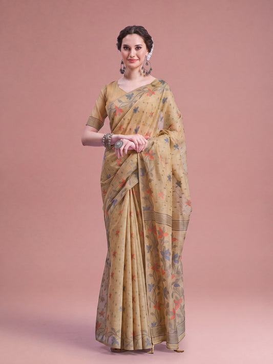Woman wearing beige linen saree with all-over floral design and beige blouse