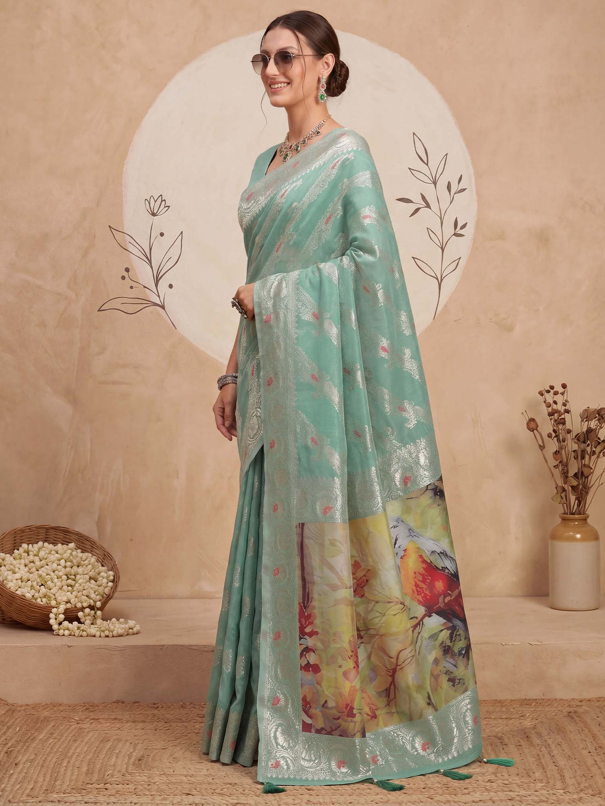 Turquoise Organza saree – detail view 2