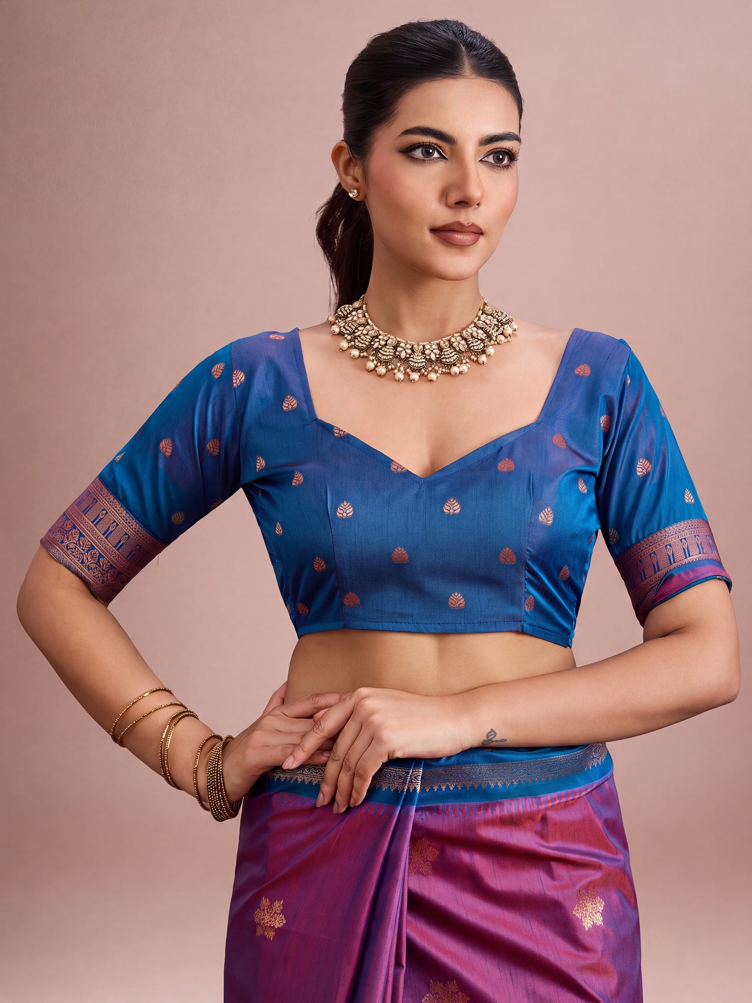 Unstitched blue tussar silk blouse piece with ethnic motif design