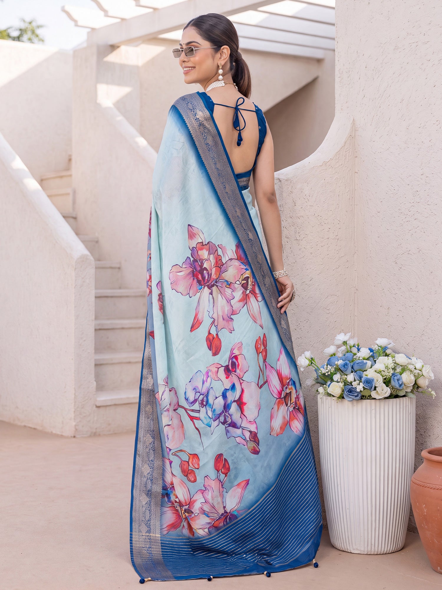 Light Blue Viscose Silk saree – detail view 1