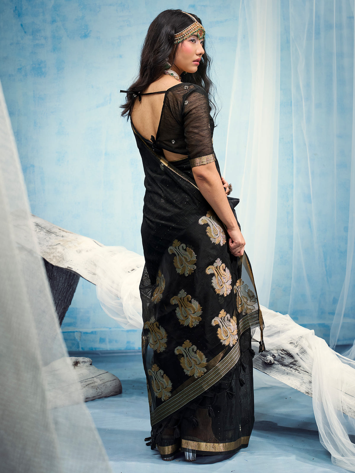 Black Muga Silk saree – detail view 1