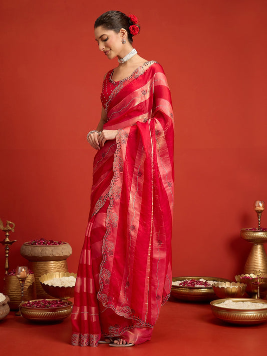 Pink Satin Silk saree – detail view 1