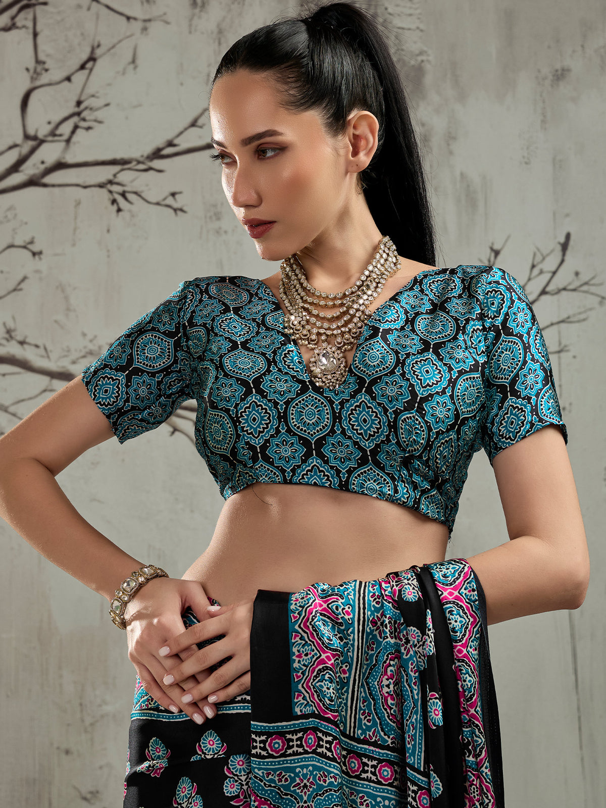 Unstitched turquoise blue satin blouse piece with ajrak design
