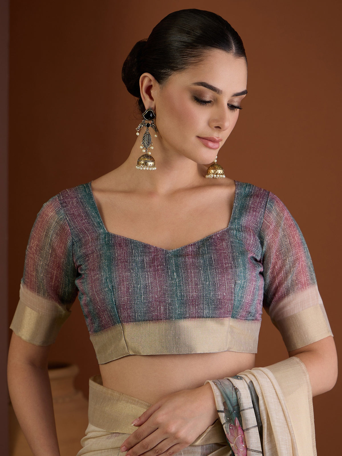 Beige linen blend saree view 1
