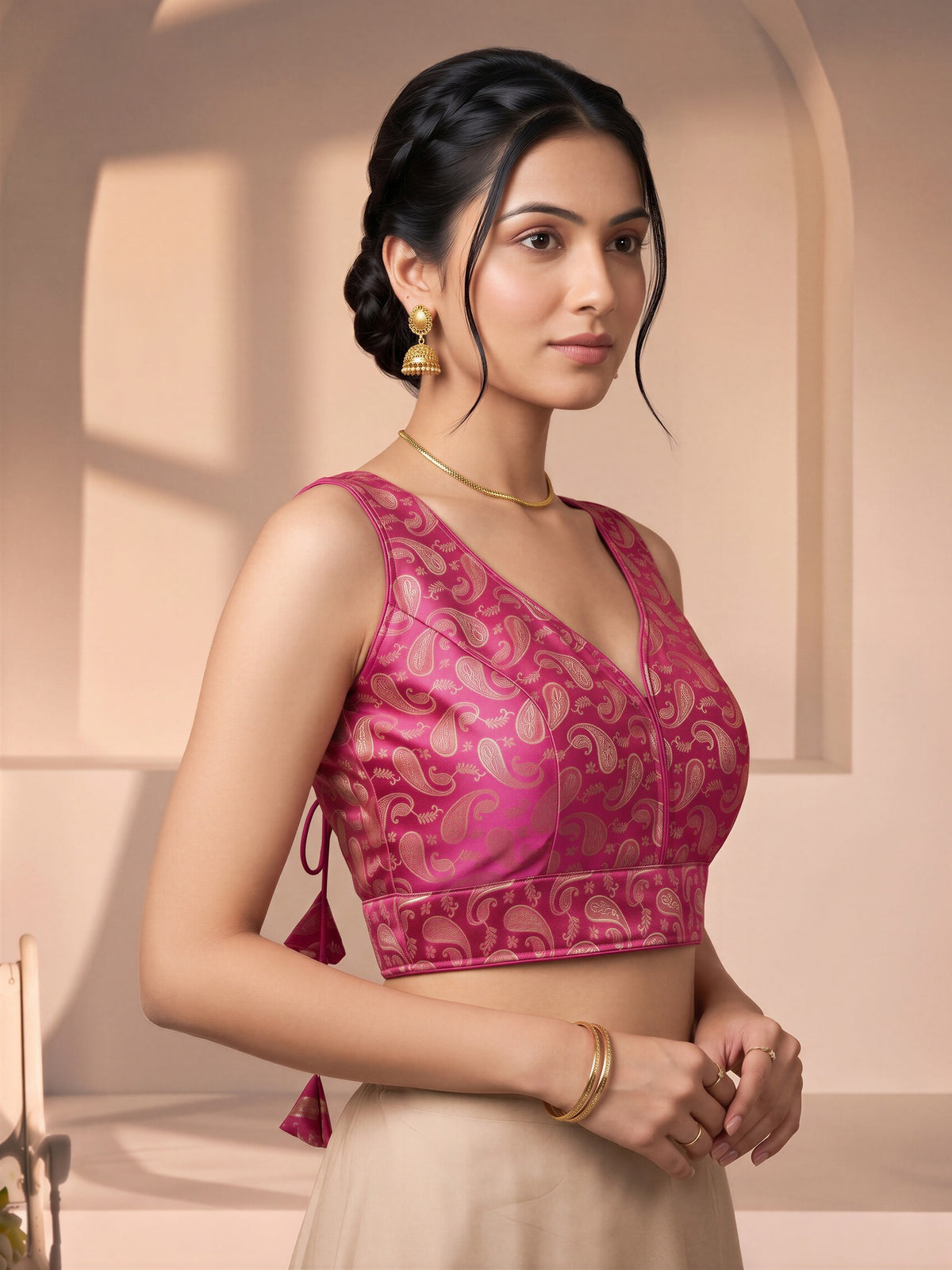 Magenta woven brocade silk blend sleeveless readymade saree blouse with v neck view 2
