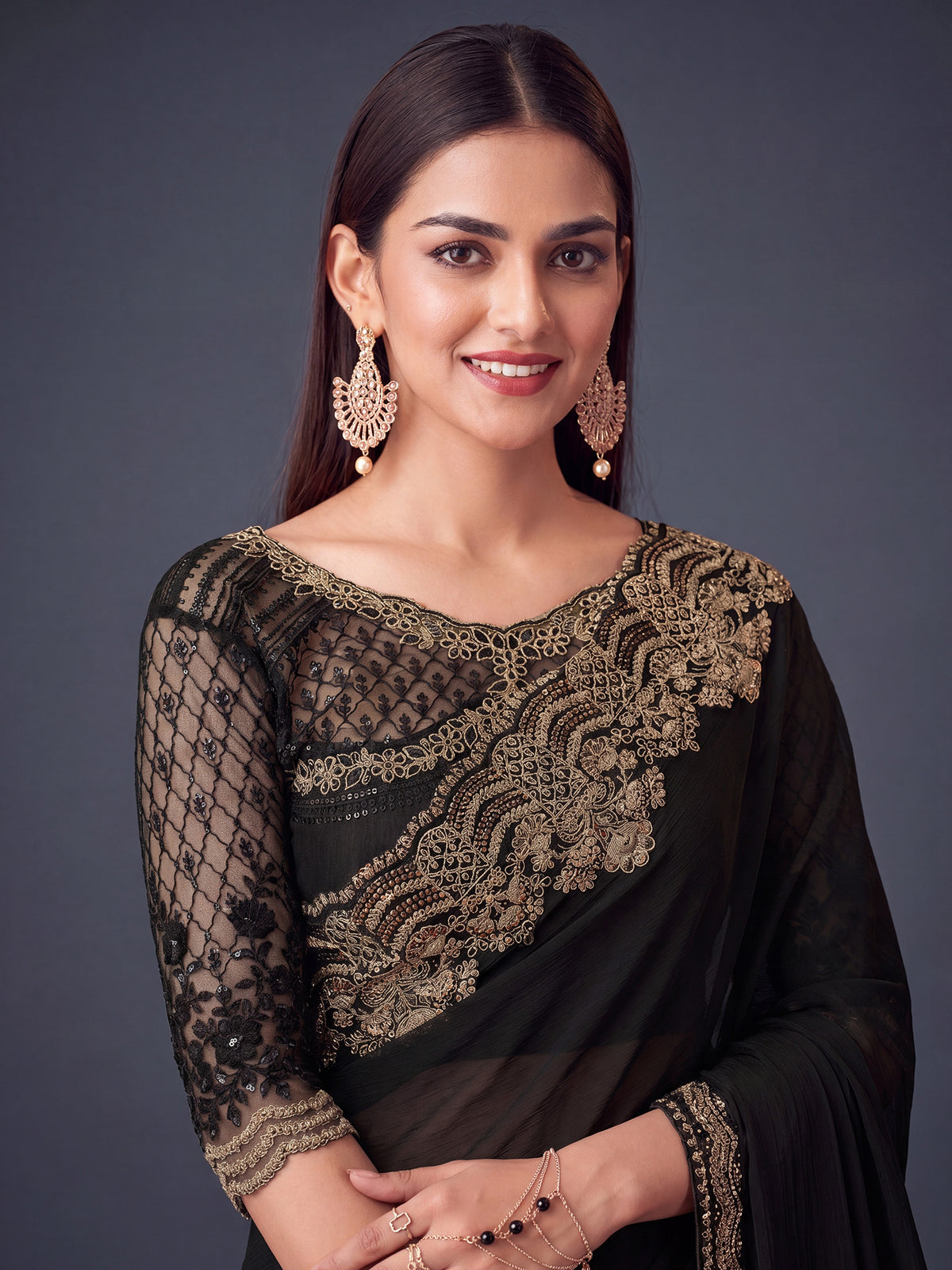 Black Satin Silk saree – detail view 4