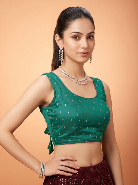 Teal Blue sequin embellished silk blend sleeveless readymade saree blouse with round neck