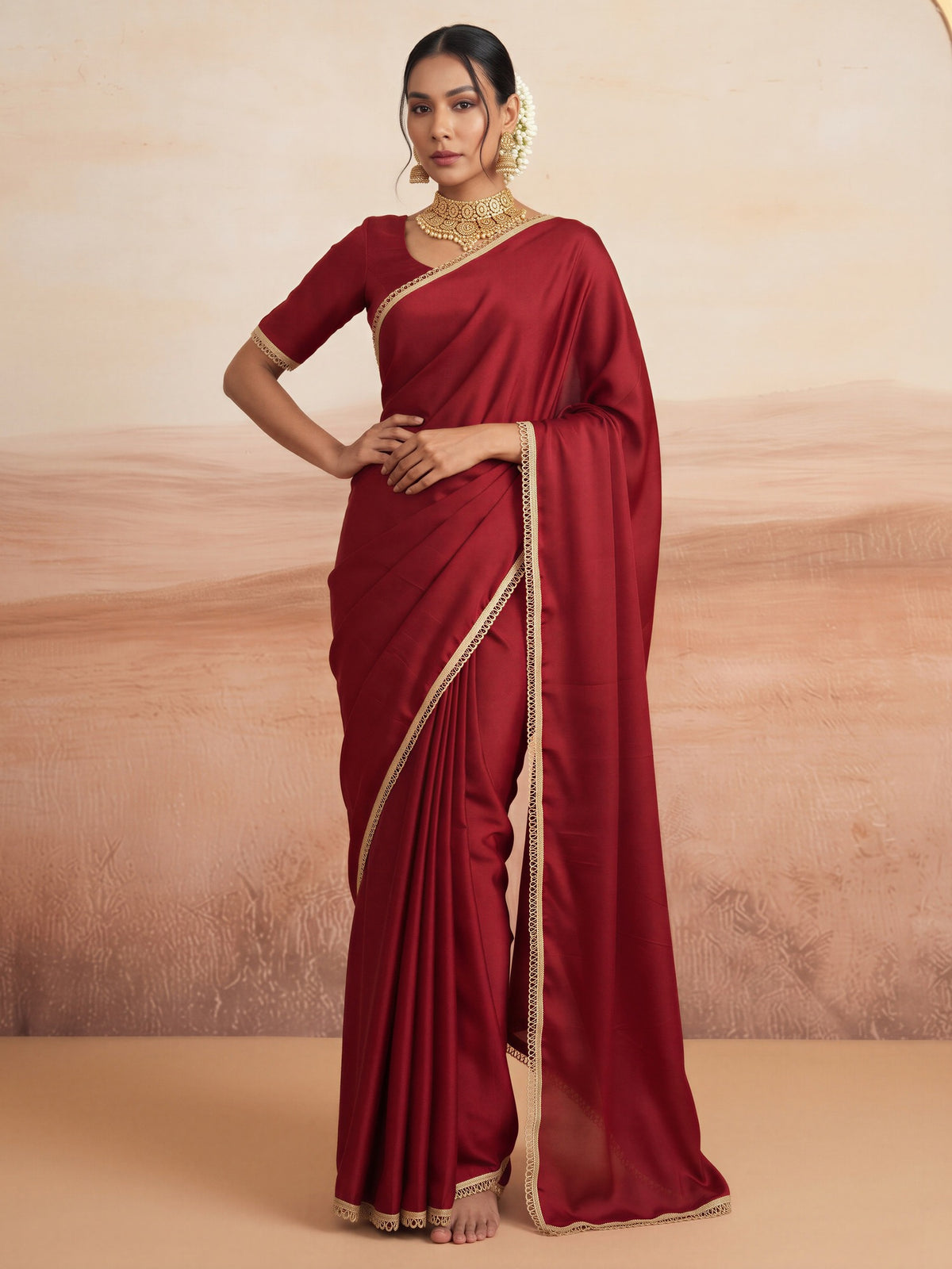 Maroon solid satin silk saree with maroon blouse piece