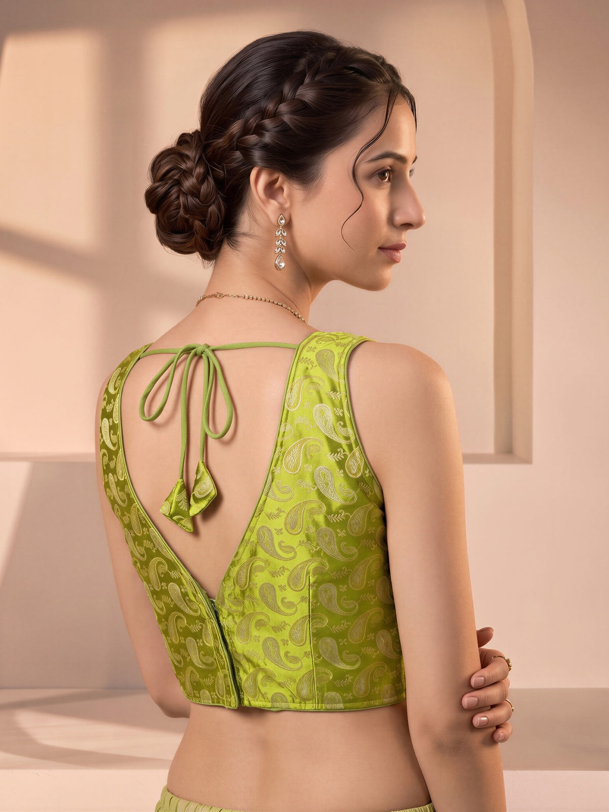 Lime Green woven brocade silk blend sleeveless readymade saree blouse with v neck view 1