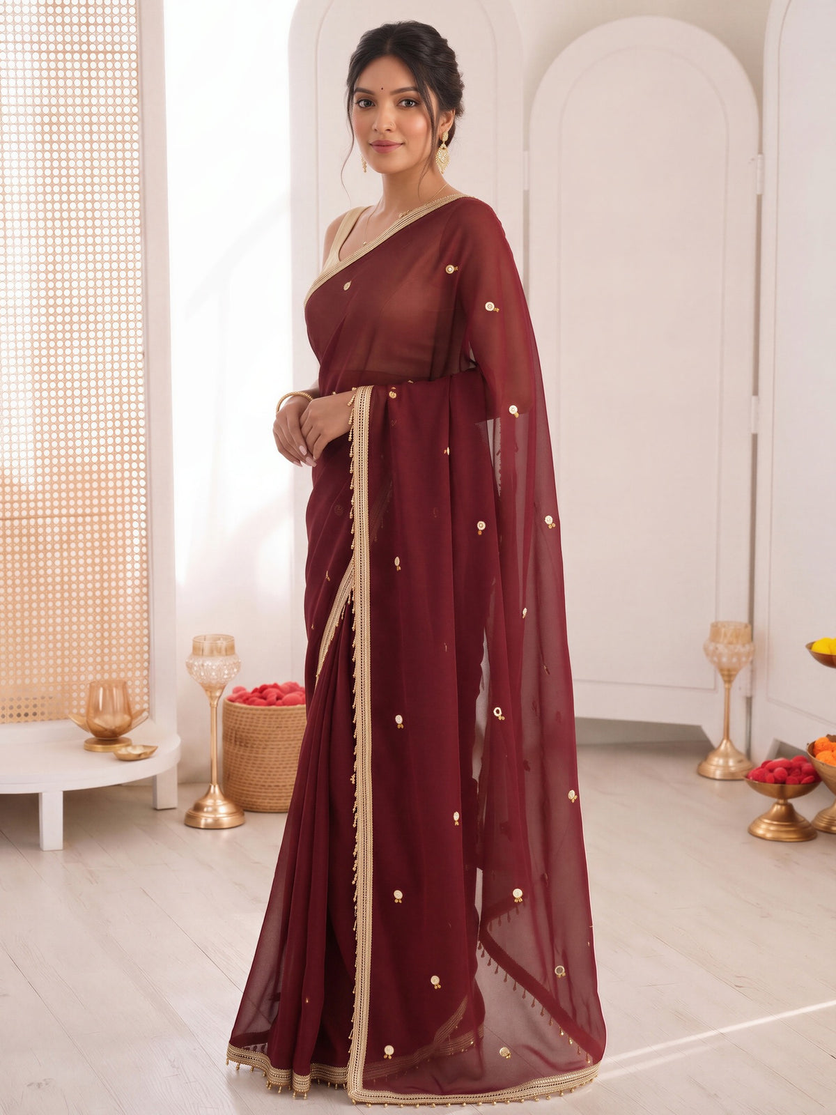 Maroon poly georgette saree view 2