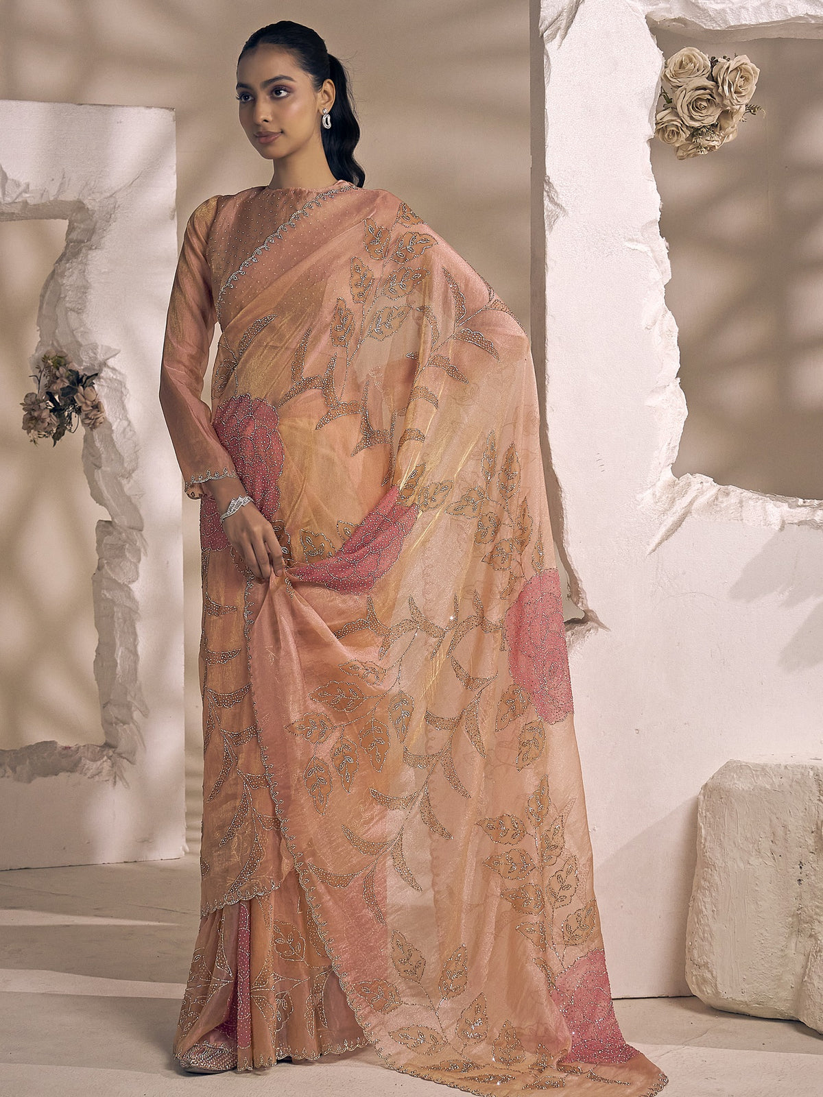 Peach organza saree view 3