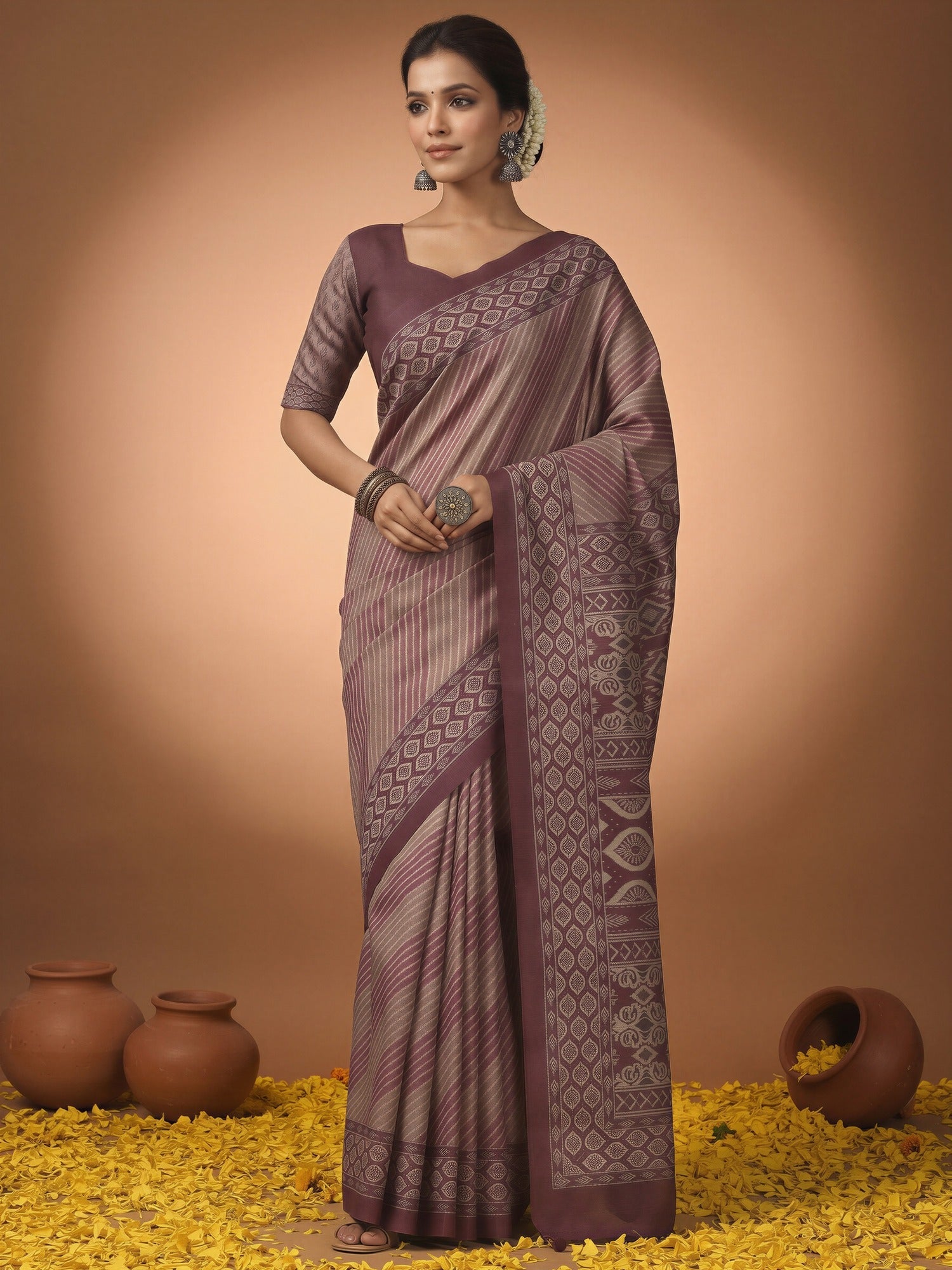 Woman wearing mauve silk blend saree with striped pattern design and mauve blouse