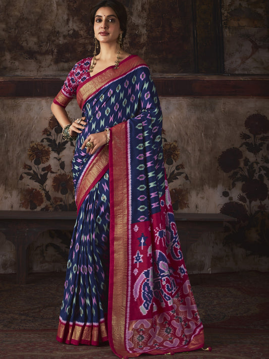 Navy Blue ikat silk blend saree with magenta blouse piece