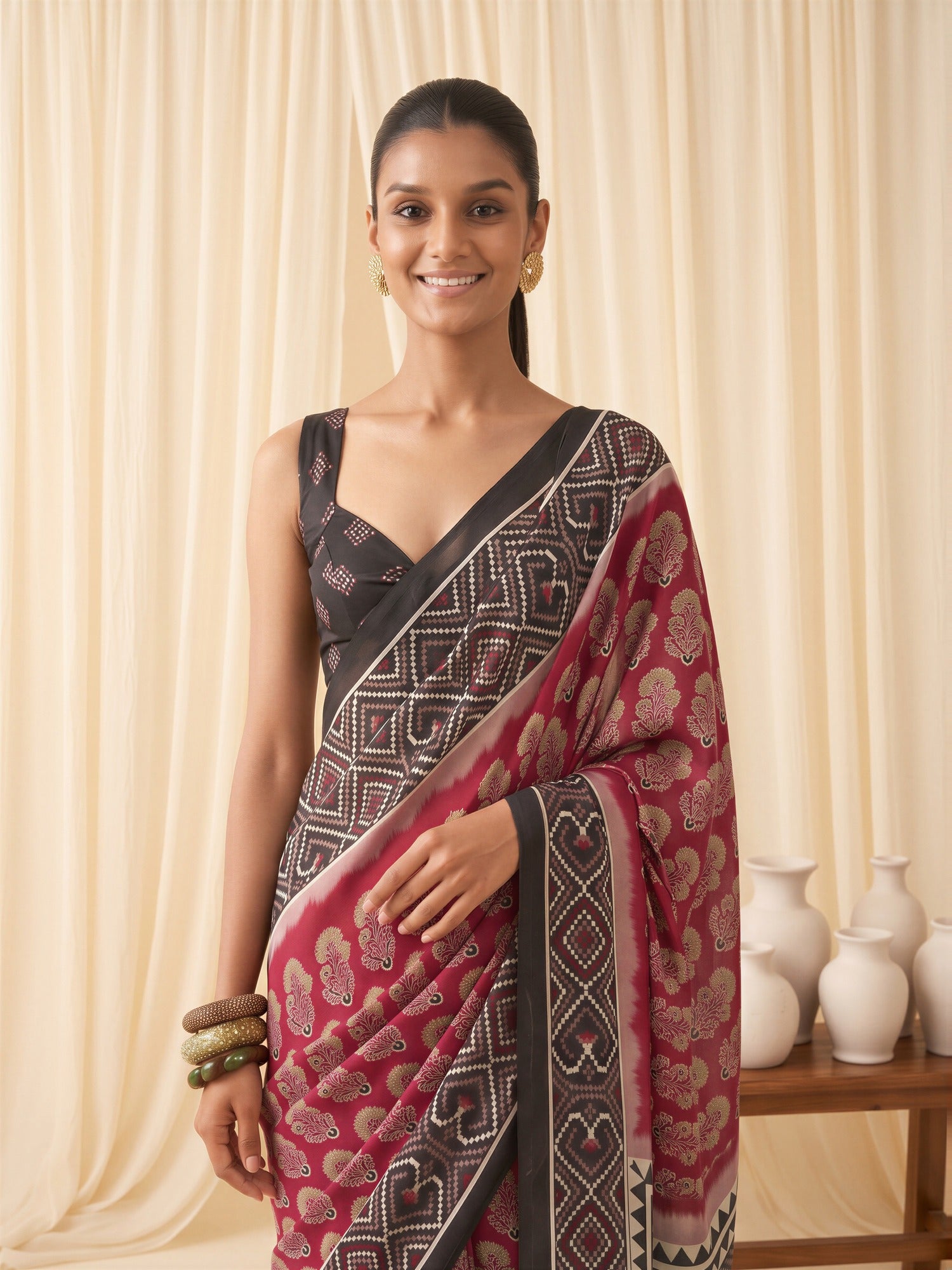 Maroon Satin saree – detail view 4