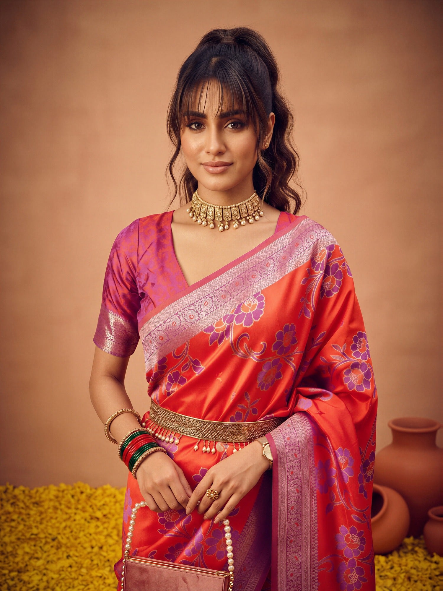 Red Satin Silk saree – detail view 4