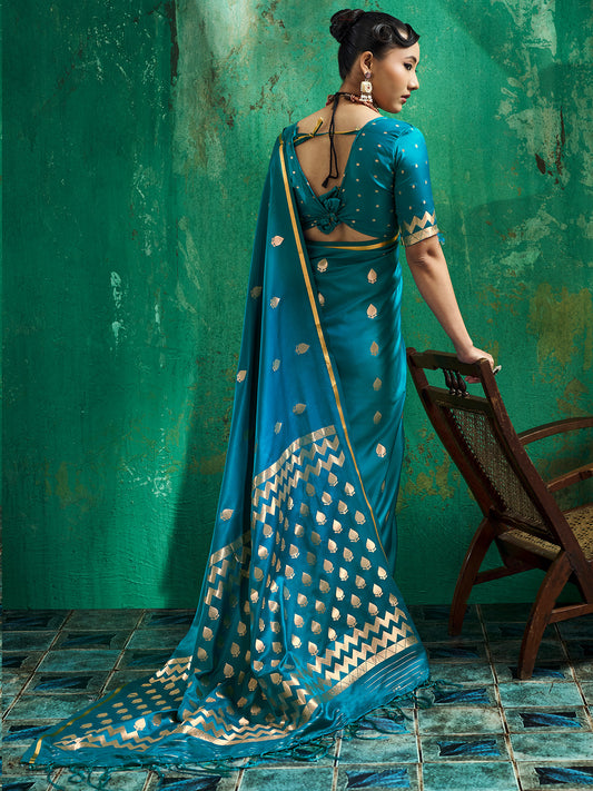 Teal Blue Satin Silk saree – detail view 1