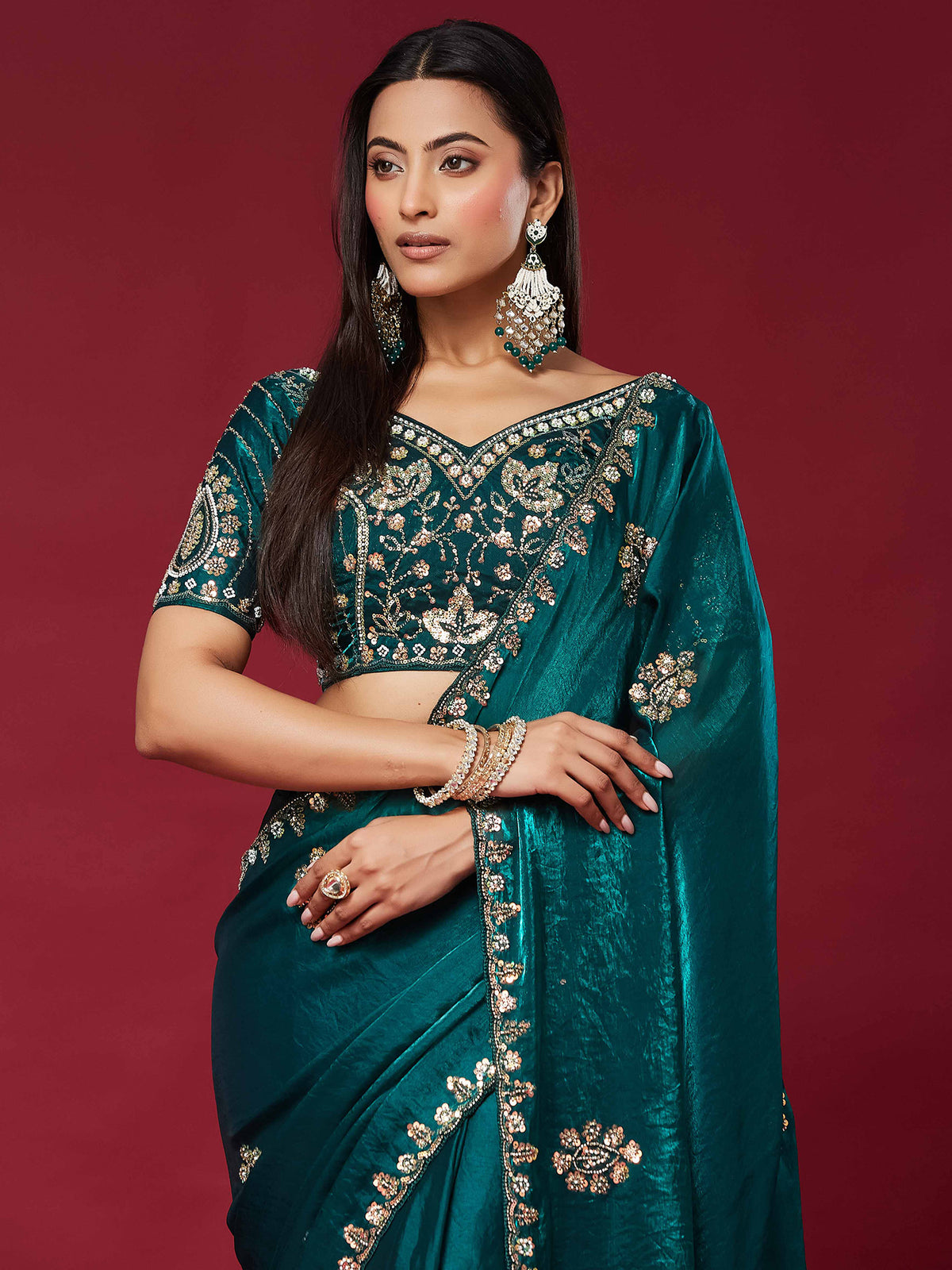 Teal Green Satin Silk saree – detail view 4