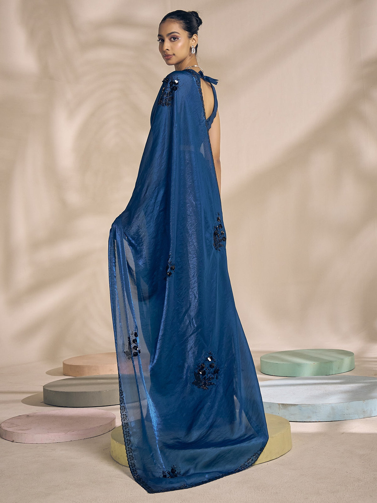 Teal Blue satin silk saree view 2