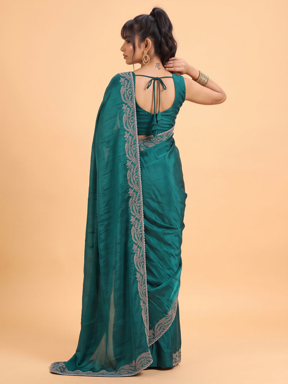 Teal Green Satin Silk saree – detail view 1