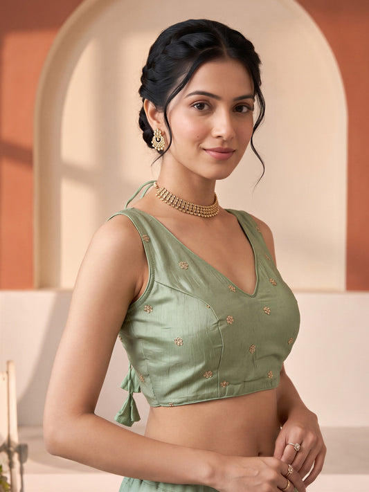 Sea Green sequin embellished vichitra silk sleeveless readymade saree blouse with v neck