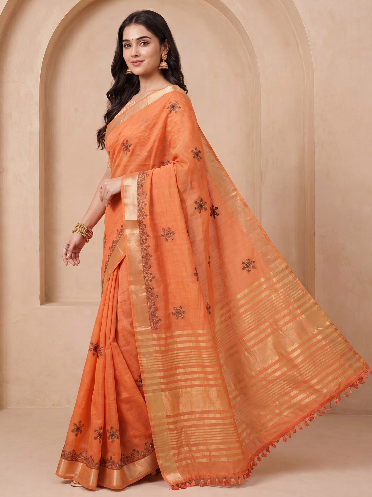 Orange Cotton Linen saree – detail view 2
