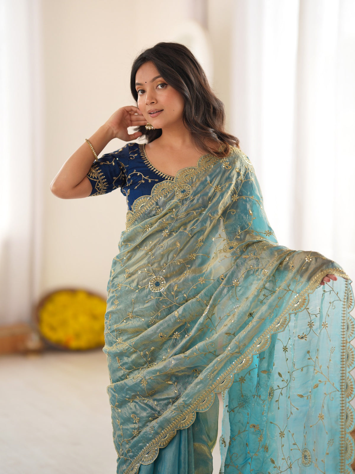 Light Blue organza saree view 1