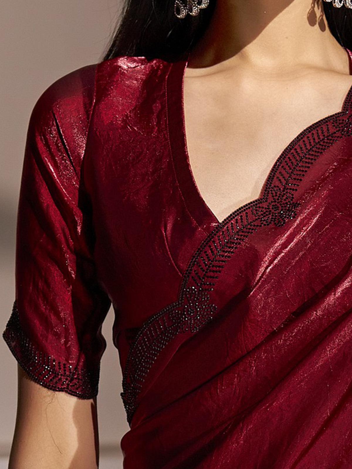 Unstitched maroon satin silk blouse piece with solid design