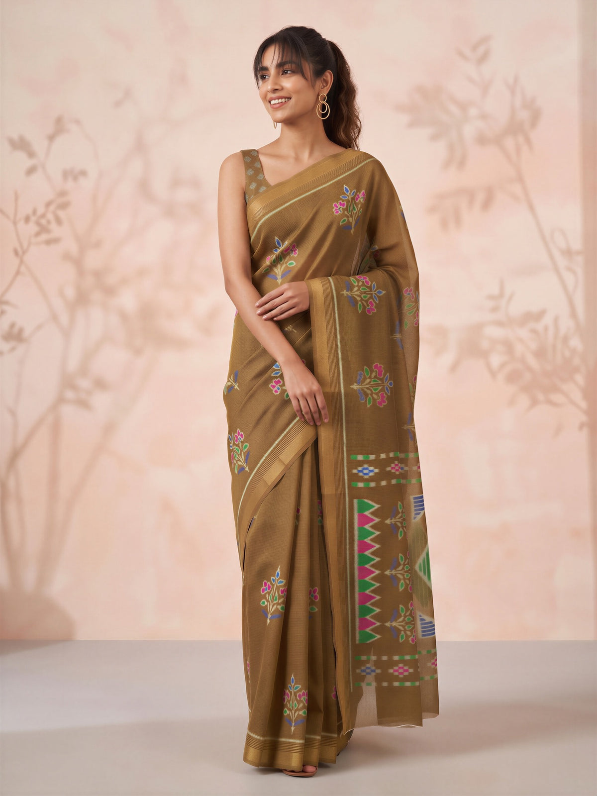 Olive Cotton Linen saree – detail view 3