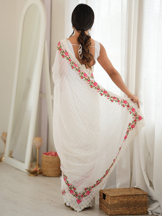White Georgette saree – detail view 1