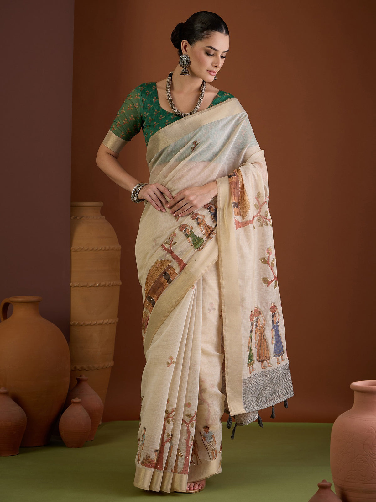 Beige ethnic motif linen blend saree with teal green blouse piece