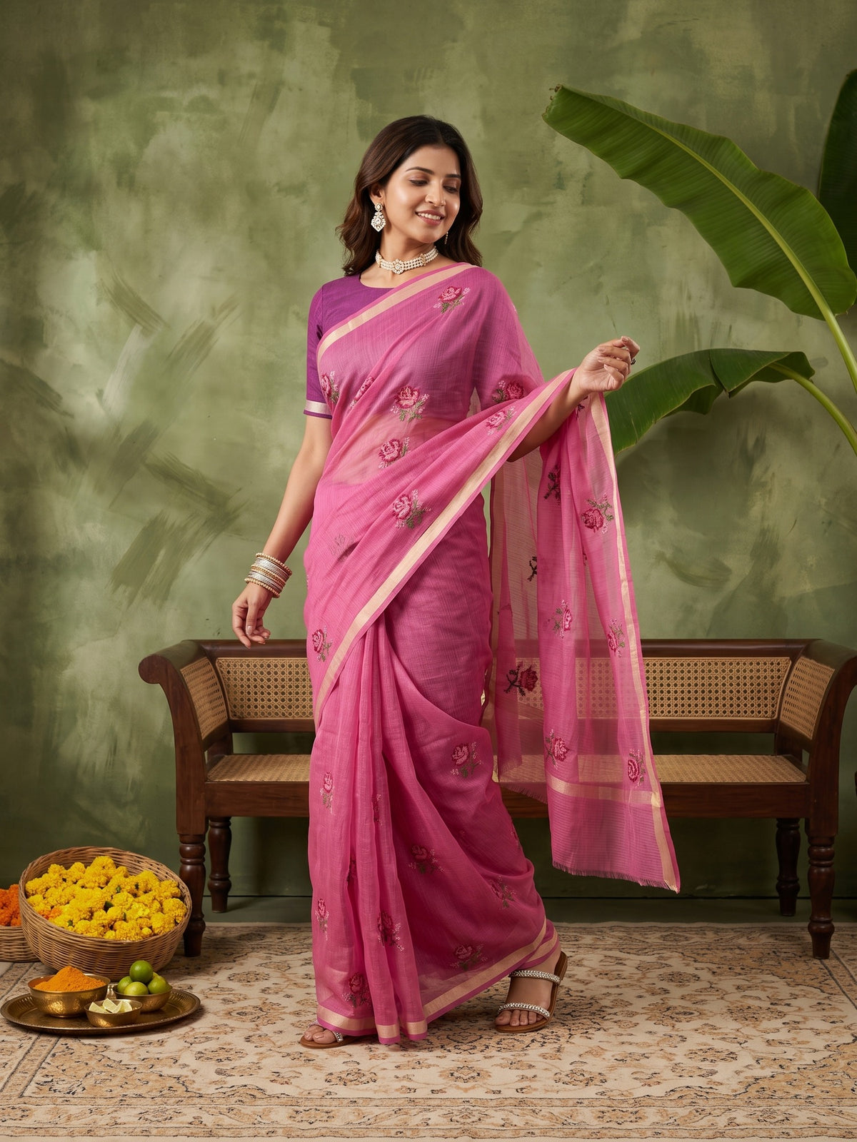 Magenta Kota Doria Cotton saree – detail view 4