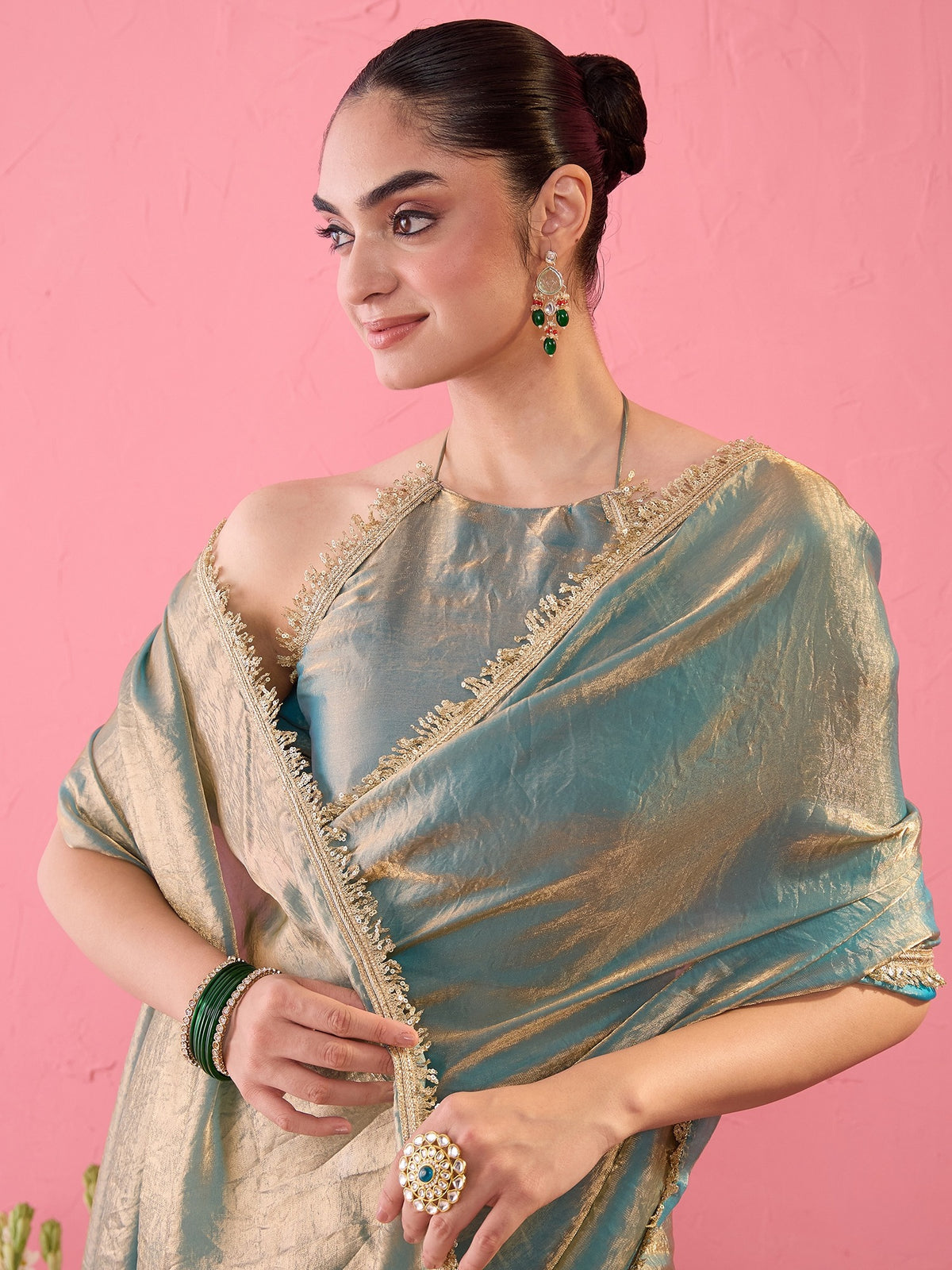 Teal Blue Paper Silk saree – detail view 6
