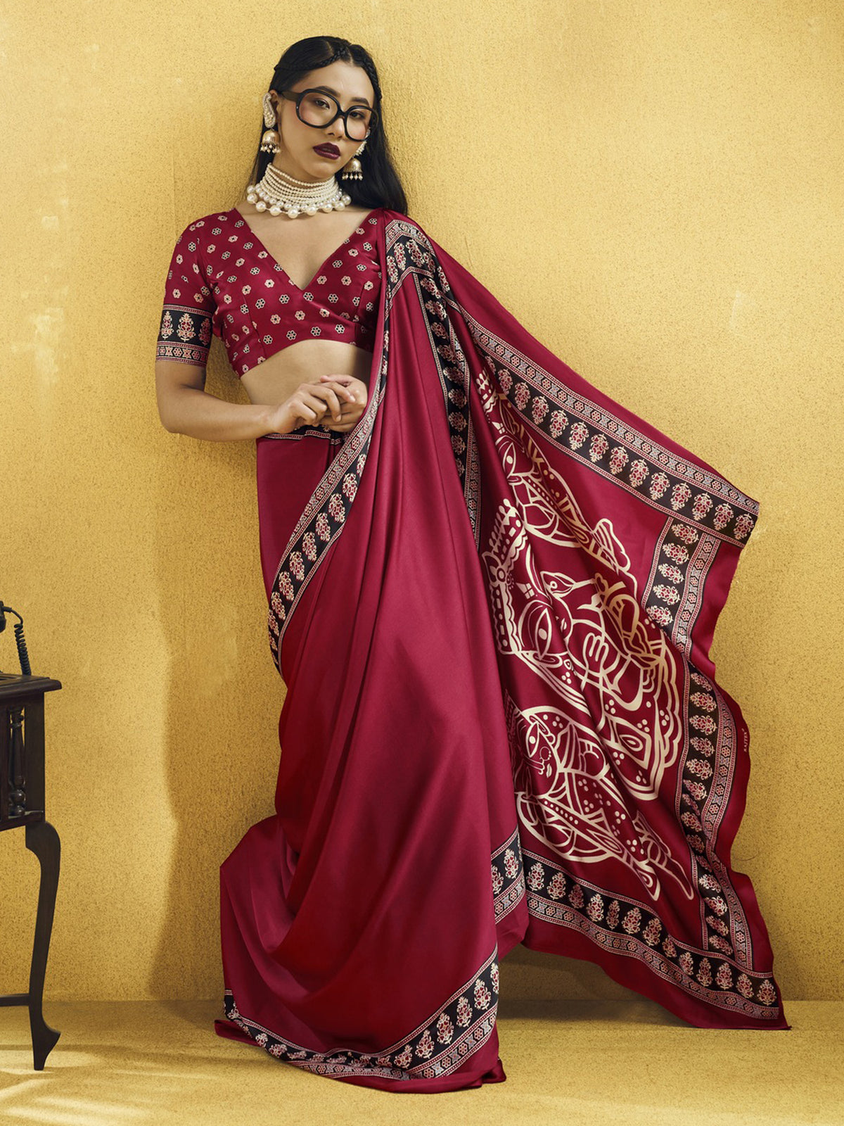 Maroon satin saree view 4