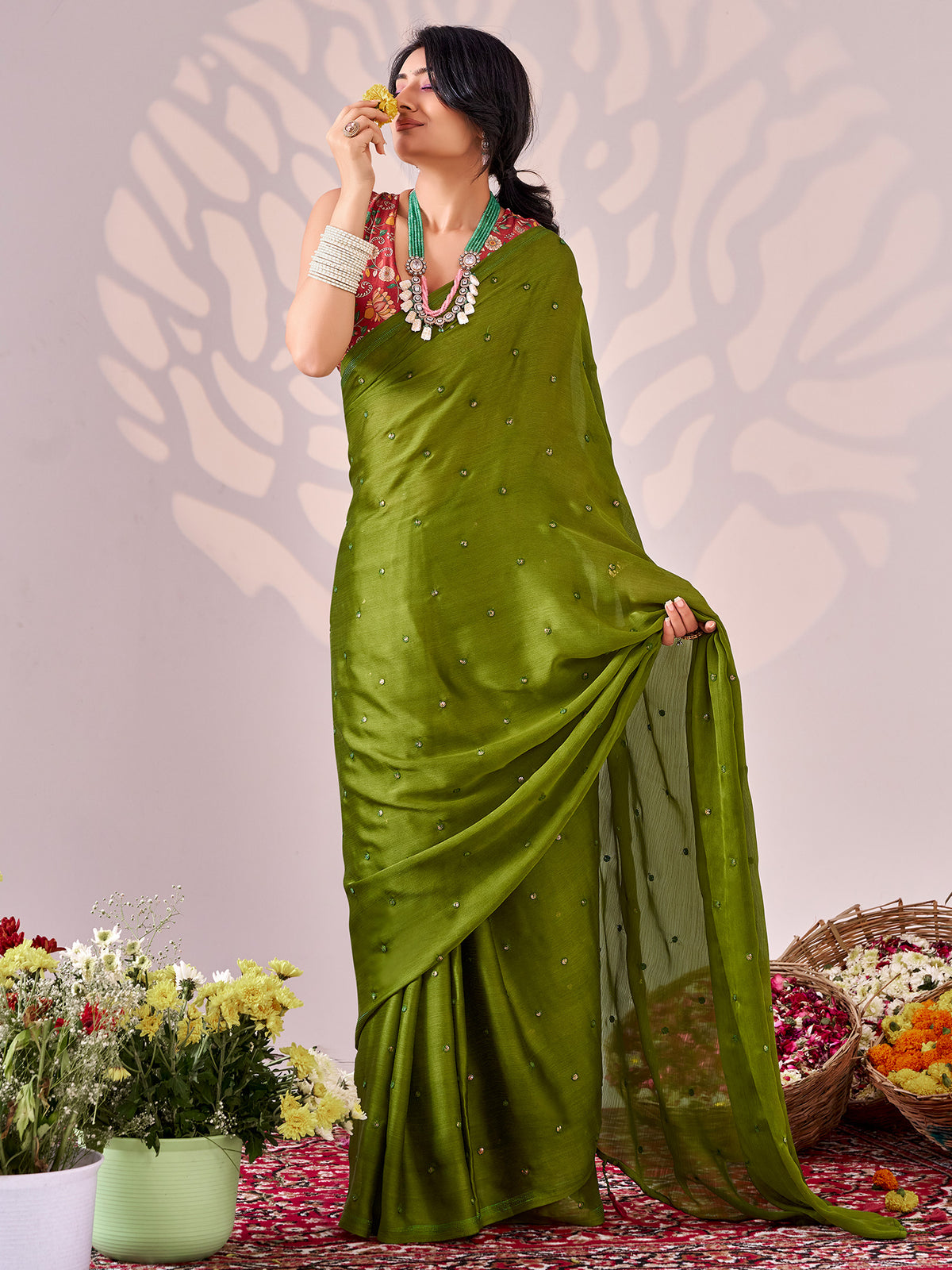 Green Chiffon saree – detail view 1