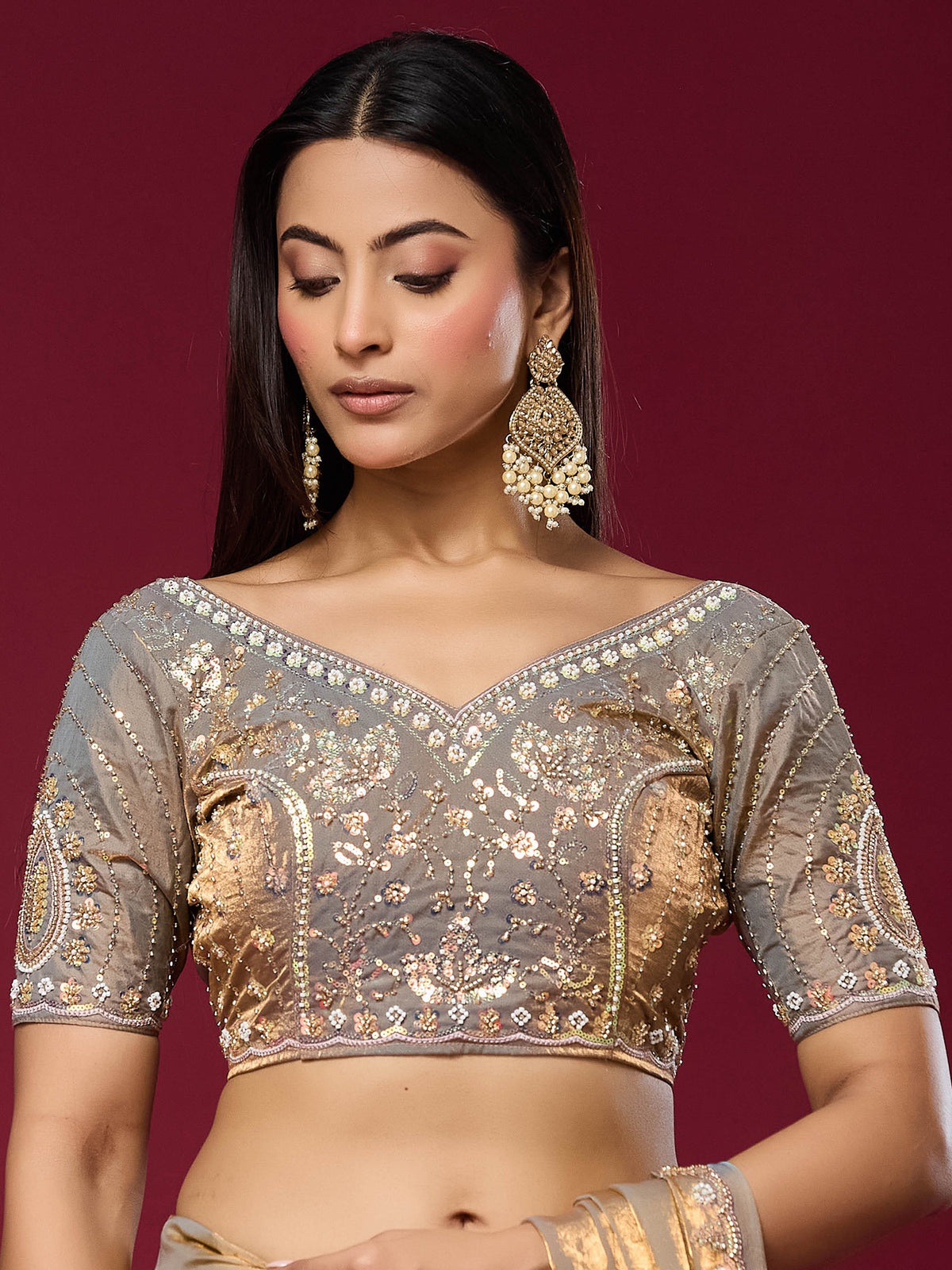 Unstitched metallic satin silk blouse piece with embellished design