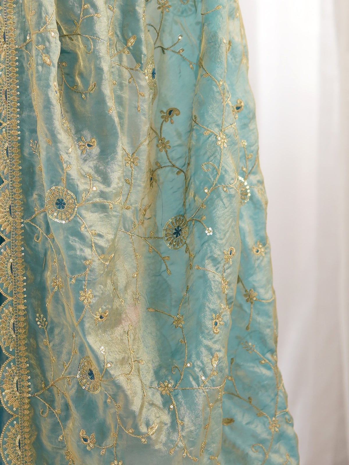 Pallu detail of light blue organza saree showing ornamented surface design and embellished border