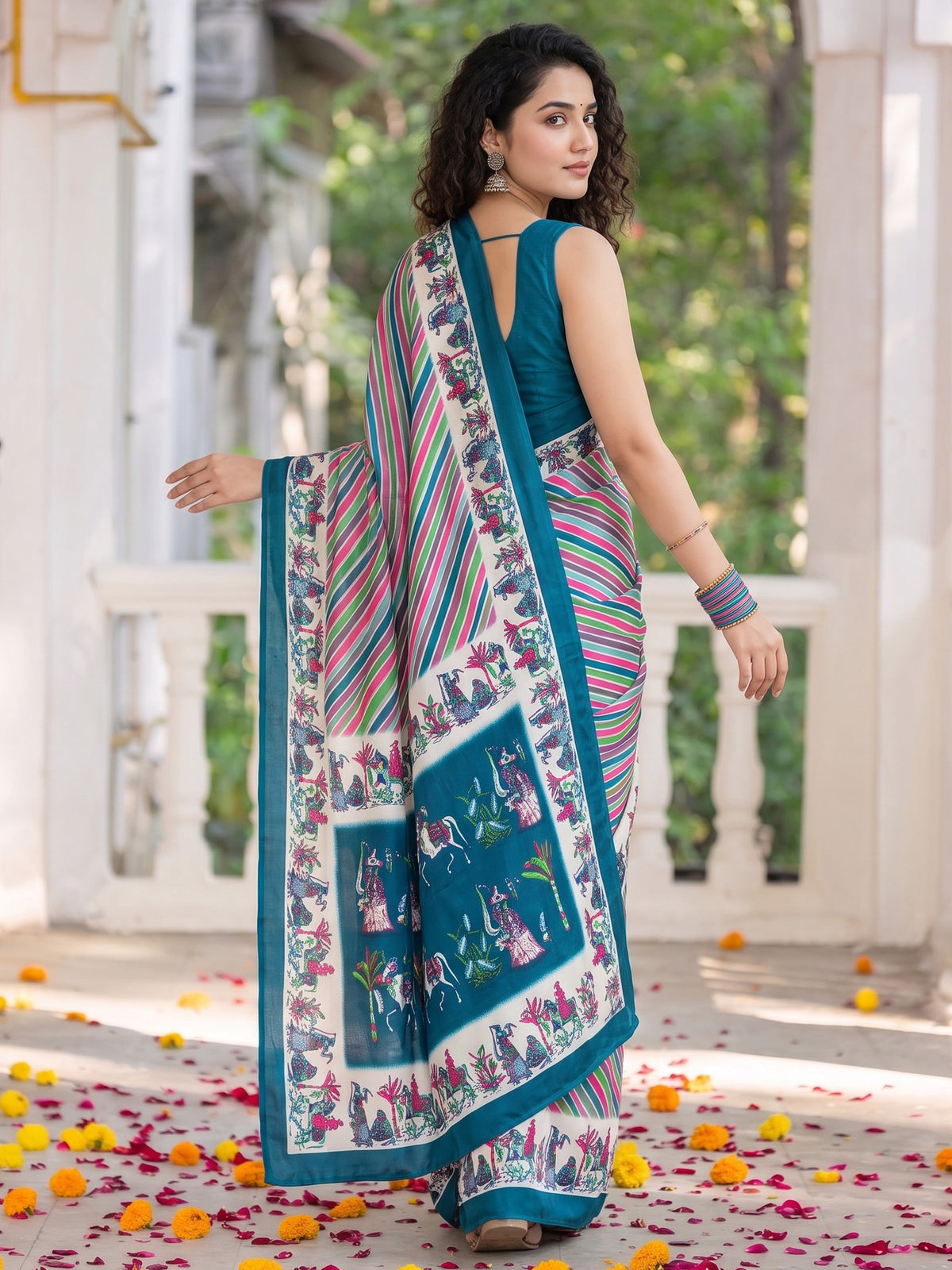 Teal crepe saree view 3