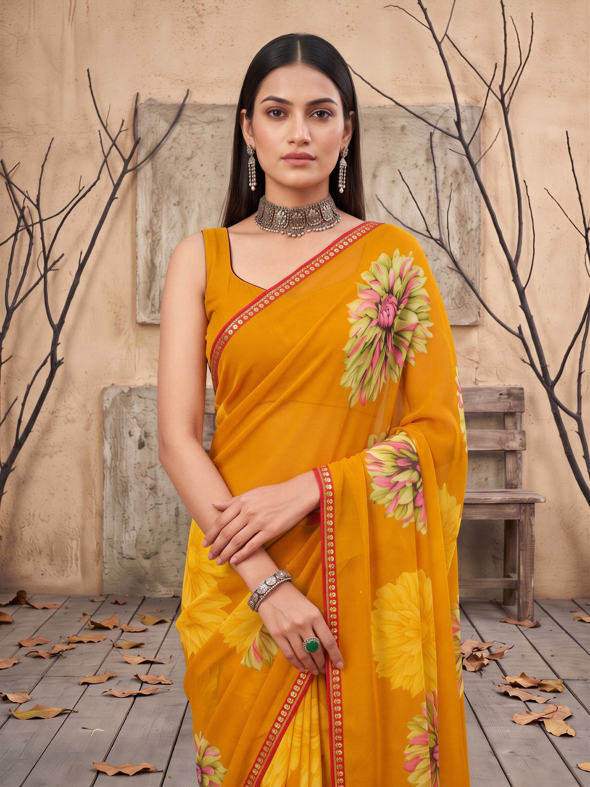 Mustard Georgette saree – detail view 4
