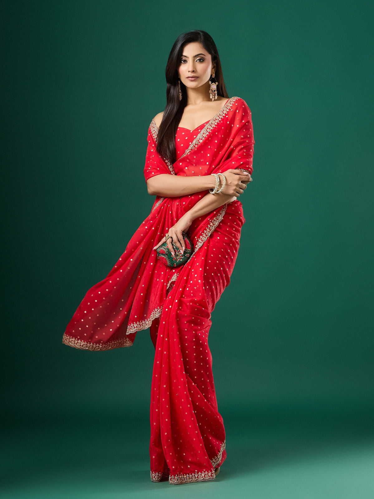 Red Georgette saree – detail view 3